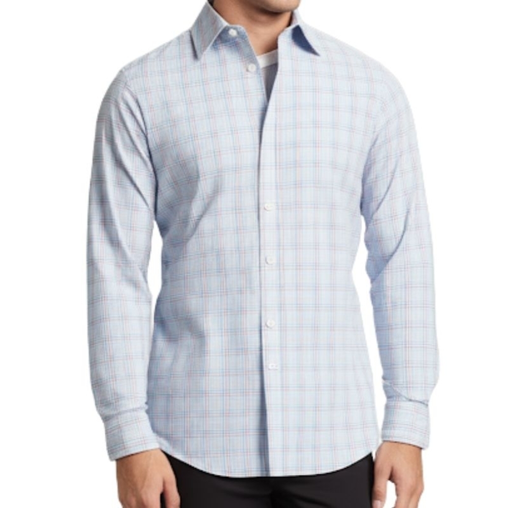 Johnston & Murphy Men's XL Tailored Fit Blue Plaid Button Up Long Sleeve Shirt